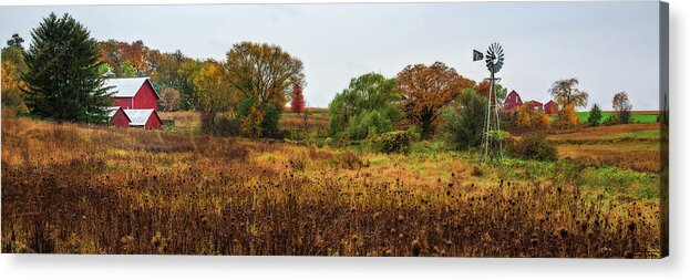 Wisconsin Countryside Farm Dairy Windmill Barns Red Panorama Horizontal Autumn Fall Scenic Landscape Acrylic Print featuring the photograph Quintessential Wisconsin #2 by Peter Herman
