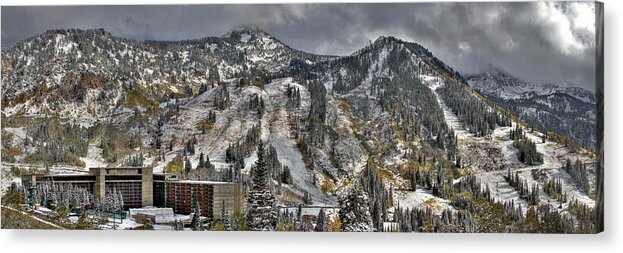 Panoramic Acrylic Print featuring the photograph Snowbird Early Snow in Fall Panoramic by Brett Pelletier