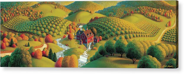 Fall Panorama Autumn Landscape Cider Mill Rural Scenes Apple Orchards Wysocki Like Orchards Prints Babbling Brooks Rolling Hills Fall Paintings Fall Scene Seasonal Paintings Seasonal Prints Fall Paintings Fall Prints Regionalism Grant Wood Folk Painting Folk Realism Painting Americana Prints Americana Paintings Stone Bridge Country Paintings Country Roads Acrylic Paintings Autumn Paintings Nostalgic Paintings Seasonal Paintings Acrylic Print featuring the painting The Cider Mill by Robin Moline