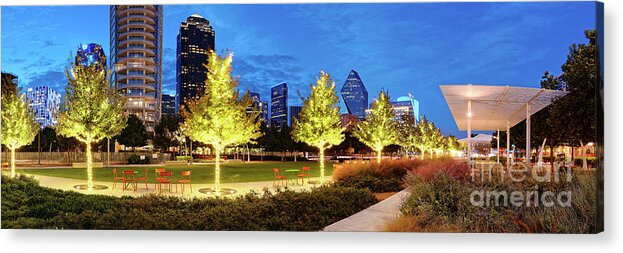 Downtown Acrylic Print featuring the photograph Twilight Panorama of Klyde Warren Park and Downtown Dallas Skyline - North Texas by Silvio Ligutti