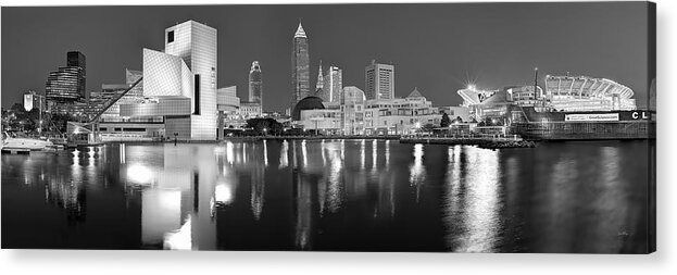 Cleveland Skyline Acrylic Print featuring the photograph Cleveland Skyline at Dusk Black and White Rock Roll Hall Fame by Jon Holiday
