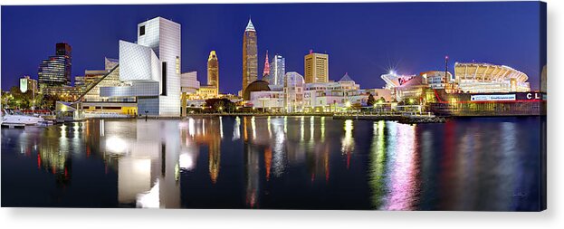 Cleveland Skyline Acrylic Print featuring the photograph Cleveland Skyline at Dusk Rock Roll Hall Fame by Jon Holiday