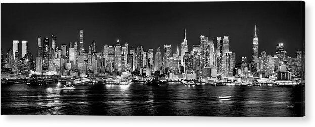 New York City Skyline At Night Acrylic Print featuring the photograph New York City NYC Skyline Midtown Manhattan at Night Black and White by Jon Holiday