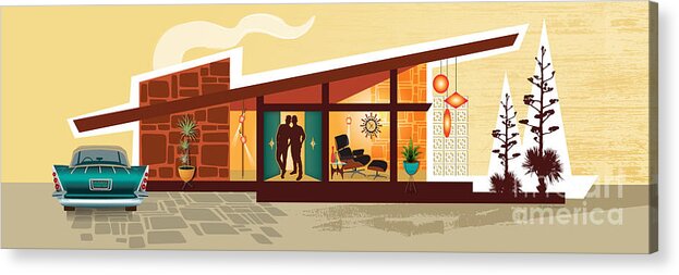 Mid Century Acrylic Print featuring the digital art Angle Roof Mid Century Modern House Male Couple Panorama by Diane Dempsey