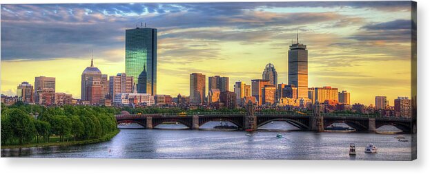 Boston Skyline Acrylic Print featuring the photograph Boston Skyline Sunset Over Back Bay Panoramic by Joann Vitali