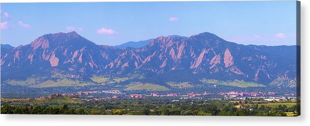 University Of Colorado Acrylic Print featuring the photograph Boulder Flatirons and the University of Colorado Panoramic by James BO Insogna