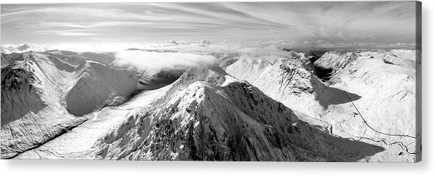 Panorama Acrylic Print featuring the photograph Buachaille Etive Mor Stob Dearg mountain aerial Glencoe Scotland black and white by Sonny Ryse