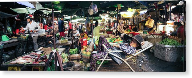 Panoramic Acrylic Print featuring the photograph Cambodia street market siem reap by Sonny Ryse