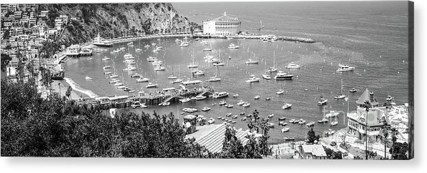 America Acrylic Print featuring the photograph Catalina Island Avalon Harbor Black and White Panorama by Paul Velgos