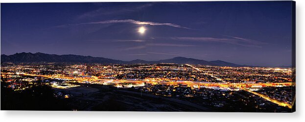 Tucson Acrylic Print featuring the photograph City lights of Tucson, Arizona skyline and moon panorama by Chance Kafka