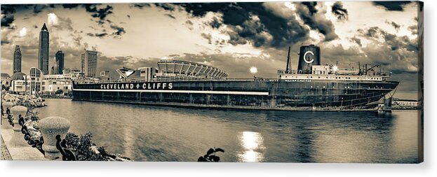 Cleveland Skyline Acrylic Print featuring the photograph Cleveland Skyline and William G Mather Ship Panorama - Sepia by Gregory Ballos