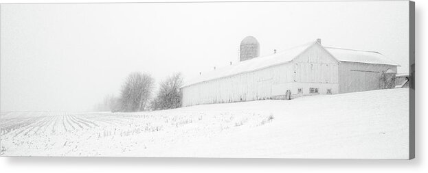 Barn Acrylic Print featuring the photograph Fade to White - Vanishing point perspective of WI barn in blizzard by Peter Herman