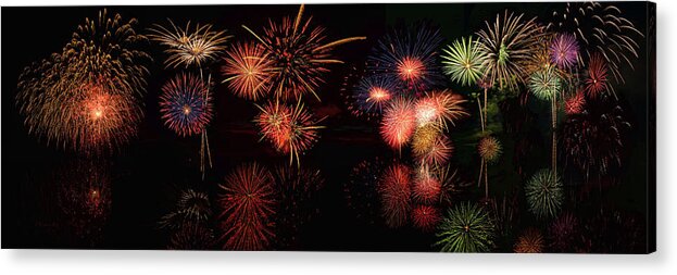 Olena Art Acrylic Print featuring the digital art Fireworks Reflection Panorama by OLena Art by Lena Owens - Vibrant Design and