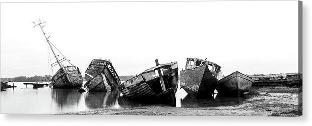 Panorama Acrylic Print featuring the photograph Fishing Boats Shipwrecks Black and white by Sonny Ryse