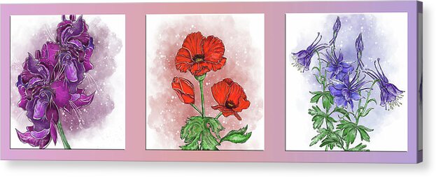 Triptych Acrylic Print featuring the painting Flowers triptych Gladiolus, poppy and forest columbine by Patricia Piotrak