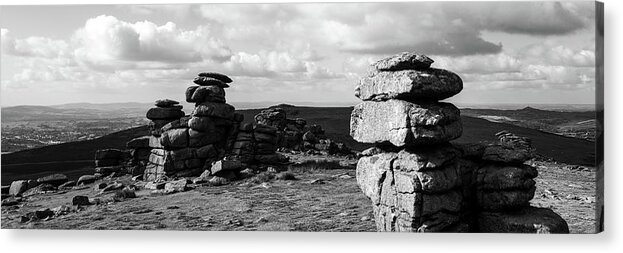 Devon Acrylic Print featuring the photograph Great Staple Tor Dartmoor National Park England Panorama Black And White by Sonny Ryse