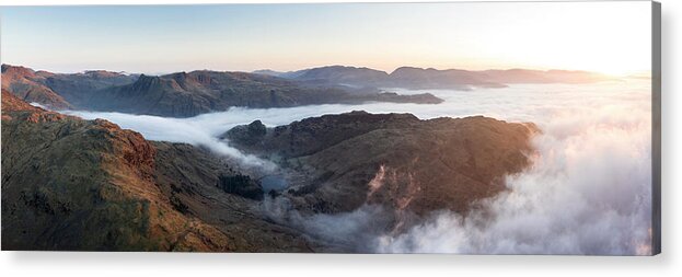 Panorama Acrylic Print featuring the photograph Langdale and Blea Tarn Aerial Cloud Inversion Lake District by Sonny Ryse