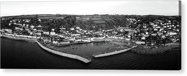 Coast Acrylic Print featuring the photograph Mousehole Fishing Village Harbour Aerial black and white by Sonny Ryse