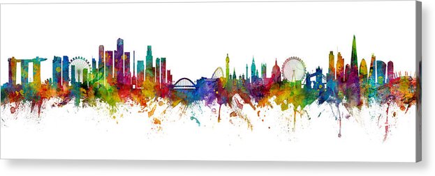 London Acrylic Print featuring the digital art Singapore and London Skylines Mashup by Michael Tompsett