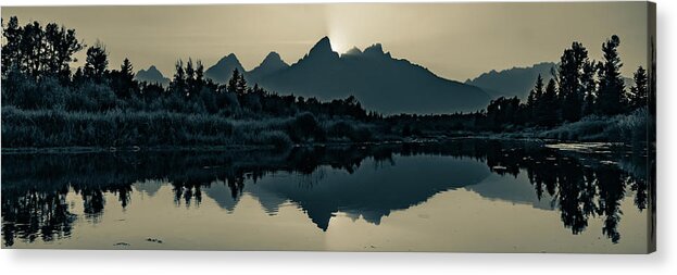 Teton Mountains Acrylic Print featuring the photograph Snake River Reflections Of Grand Tetons At Sunset Panorama - Sepia Edition by Gregory Ballos