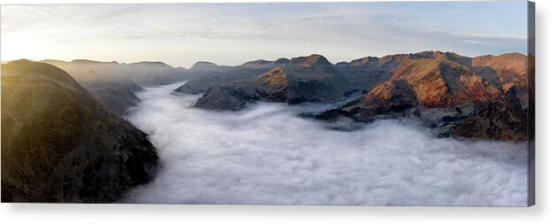 Panorama Acrylic Print featuring the photograph Ullswater and Glenridding aerial cloud inversion lake district by Sonny Ryse