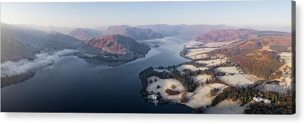 Panorama Acrylic Print featuring the photograph Ullswater lake sunrise aerial lake district by Sonny Ryse