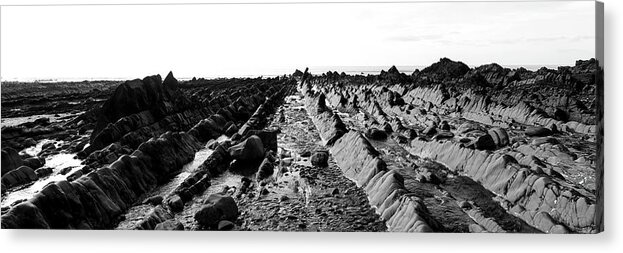 Coast Acrylic Print featuring the photograph Welcombe Mouth beach North Devon South West Coast Path black and white 3 by Sonny Ryse