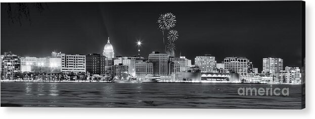 Capitol Acrylic Print featuring the photograph Madison - Wisconsin - New Years Eve Panorama Black and White by Steven Ralser