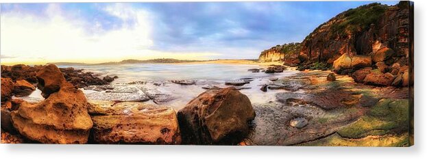 This Is My Local Beach In Sydney Australia. We Are So Lucky To Live In Such A Beautiful City. Acrylic Print featuring the photograph Rocky cliffs by David Trent