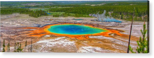 Grand Prismatic Spring Acrylic Print featuring the photograph Grand Prismatic Spring 2011-06 01 Panorama by Jim Dollar