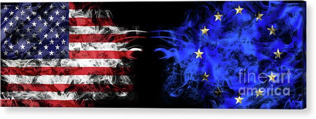 American Flag Acrylic Print featuring the photograph United States and Europe crisis with smoky flags #1 by Benny Marty