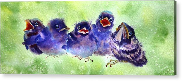 Baby Birds Acrylic Print featuring the painting Party of Five by Ruth Kamenev