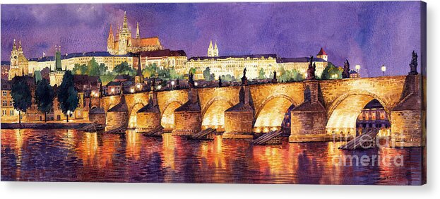 Watercolour Acrylic Print featuring the painting Prague Night Panorama Charles Bridge by Yuriy Shevchuk