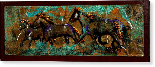 Native American Acrylic Print featuring the mixed media Running Horses by Laurie Tietjen
