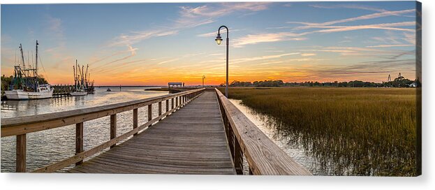 Shem Creek Pier Acrylic Print featuring the photograph Shem Creek Pier Panoramic by Donnie Whitaker