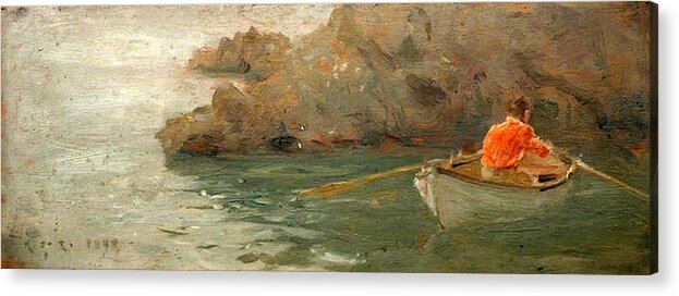 Henry Scott Tuke Acrylic Print featuring the painting Boy Rowing Out From a Rocky Shore by Henry Scott Tuke