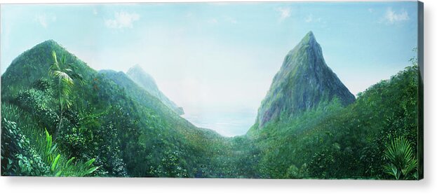 Caribbean Art Acrylic Print featuring the painting Fond Pitons by Jonathan Gladding