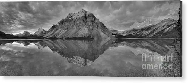 Bow Lake Acrylic Print featuring the photograph Sunrise Reflections Of Crowfoot Mountain Panorama Black And White by Adam Jewell