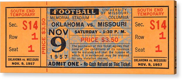 Ticket Stub Poster Acrylic Print featuring the mixed media 1957 Oklahoma vs. Missouri by Row One Brand