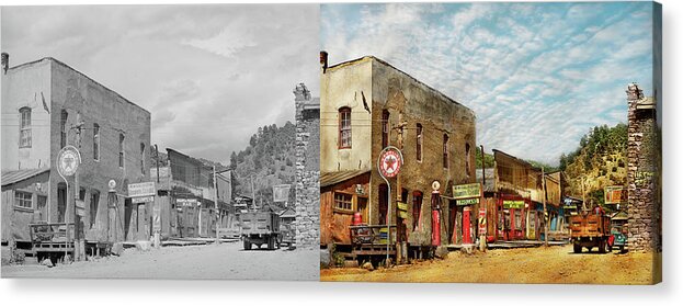 Mogollon Acrylic Print featuring the photograph City - Mogollon, NM - JP Holland general store 1940 - Side by Side by Mike Savad