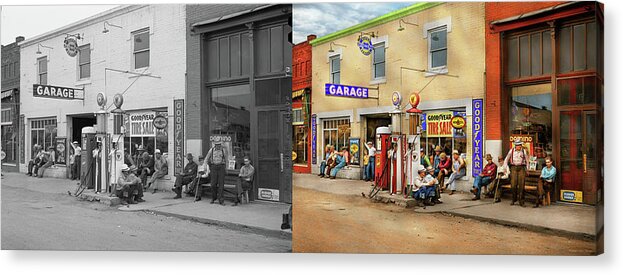Idaho Acrylic Print featuring the photograph Gas Station - Chatting in a small town 1941 - Side by Side by Mike Savad