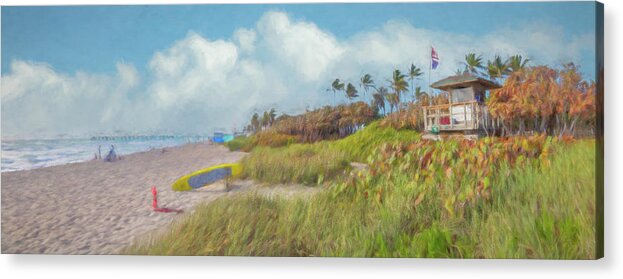 Clouds Acrylic Print featuring the photograph Lifeguard Stand in the Dunes Panorama Watercolors Painting by Debra and Dave Vanderlaan