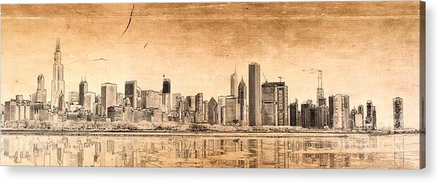 Chicago Panorama Acrylic Print featuring the digital art Sepia Sketches - Chicago's Panoramic Skyline by Dejan Jovanovic