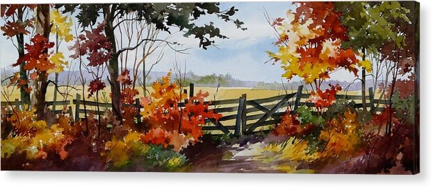 Fence In Fall Acrylic Print featuring the painting Gateway To Fall by Art Scholz