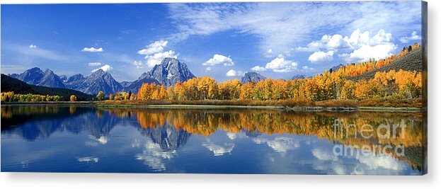 America Acrylic Print featuring the photograph Panorama Fall Morning at Oxbow Bend Grand Tetons National Park by Dave Welling