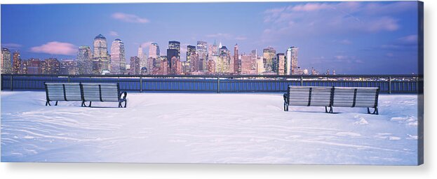 Photography Acrylic Print featuring the photograph Park Benches In Snow With A City by Panoramic Images
