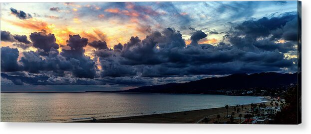 Santa Monica Bay Panorama Acrylic Print featuring the photograph Blazing Sky At Sunset - Panorama by Gene Parks