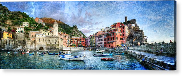 Cinque Terre Acrylic Print featuring the photograph Cinque Terre - Vernazza from the breakwater - Vintage version by Weston Westmoreland