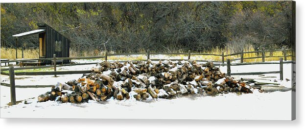 Fort Tejon Acrylic Print featuring the photograph Firewood in the Snow at Fort Tejon by Floyd Snyder
