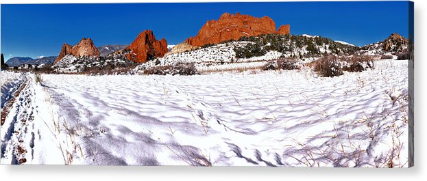 Garden Of The Cogs Acrylic Print featuring the photograph Garden Of The Gods Snowy Morning Panorama by Adam Jewell